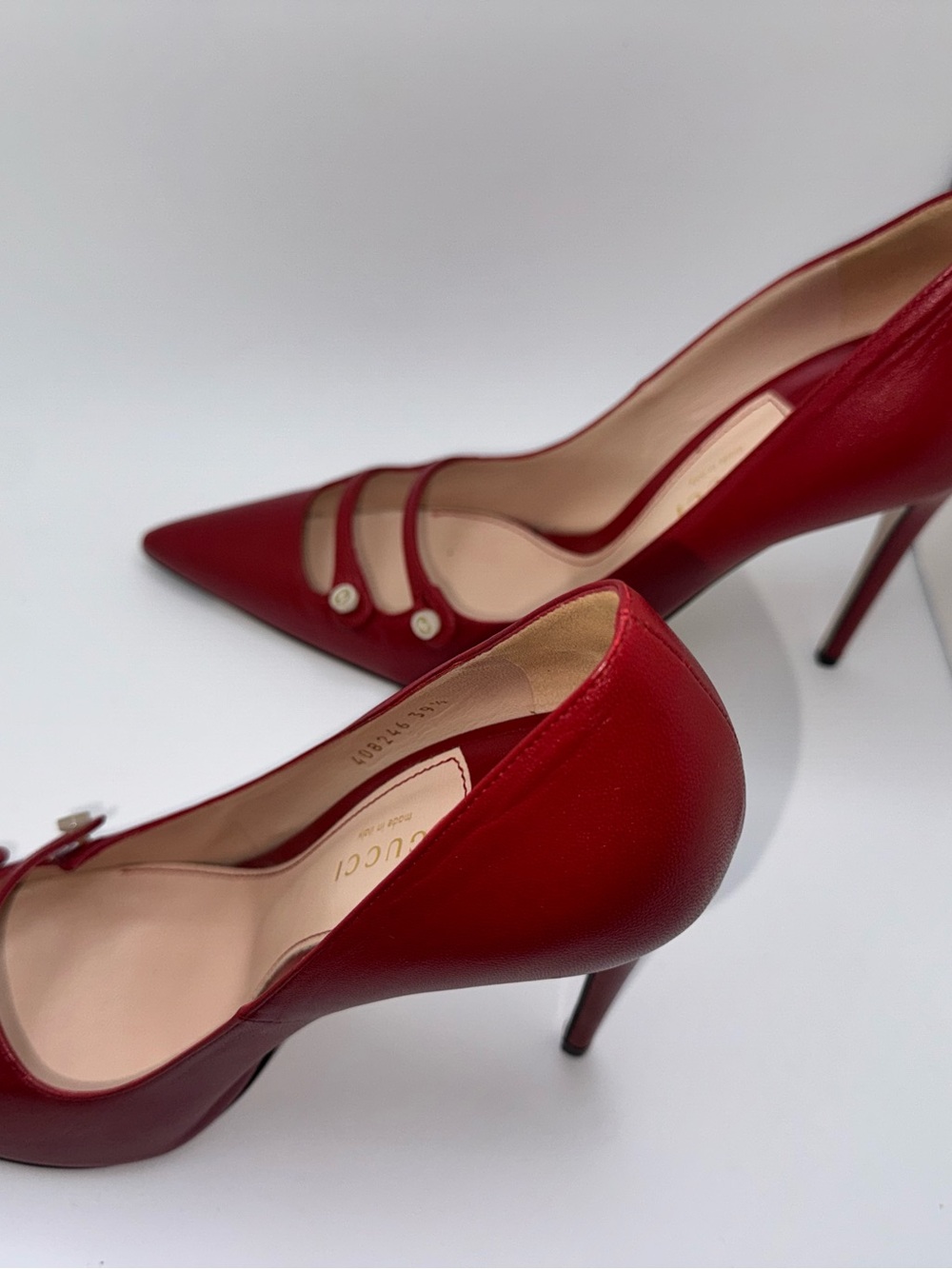 Gucci Malaga Kid Leather Double Strap Pumps Heels Red 39.5 - Picture 12 of 13